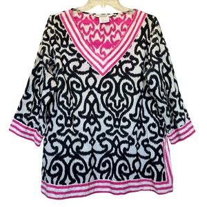 Gretchen Scott Black & White Geometric Print Tunic Top Resort Wear Boho Chic XL